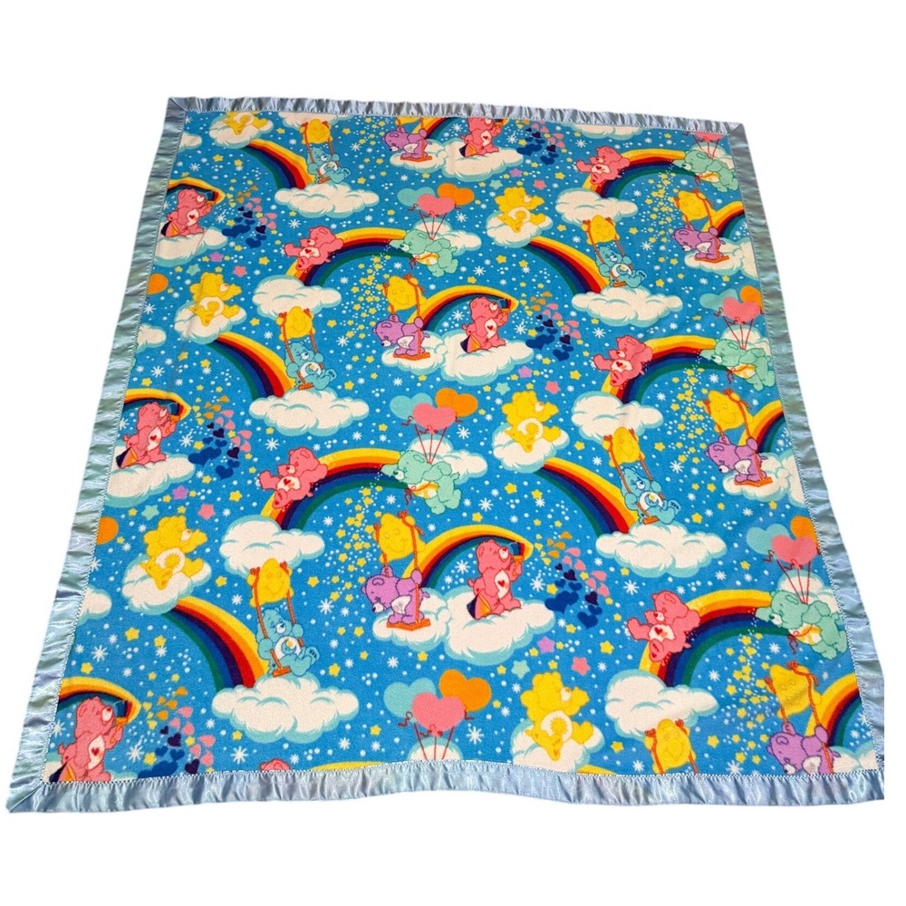 Care Bears Fleece Baby Blanket Rainbow Clouds Blue Satin Trim Vintage 60x65